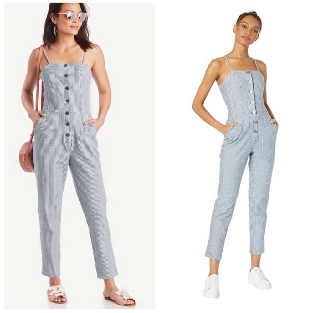 NEW 1.State Railroad Pinstripe Button Front Jumpsuit Pants Square Neckline 10